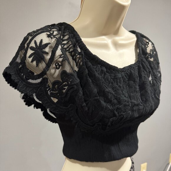 Black Lace Off-Shoulder Crop Top - Picture 1 of 5
